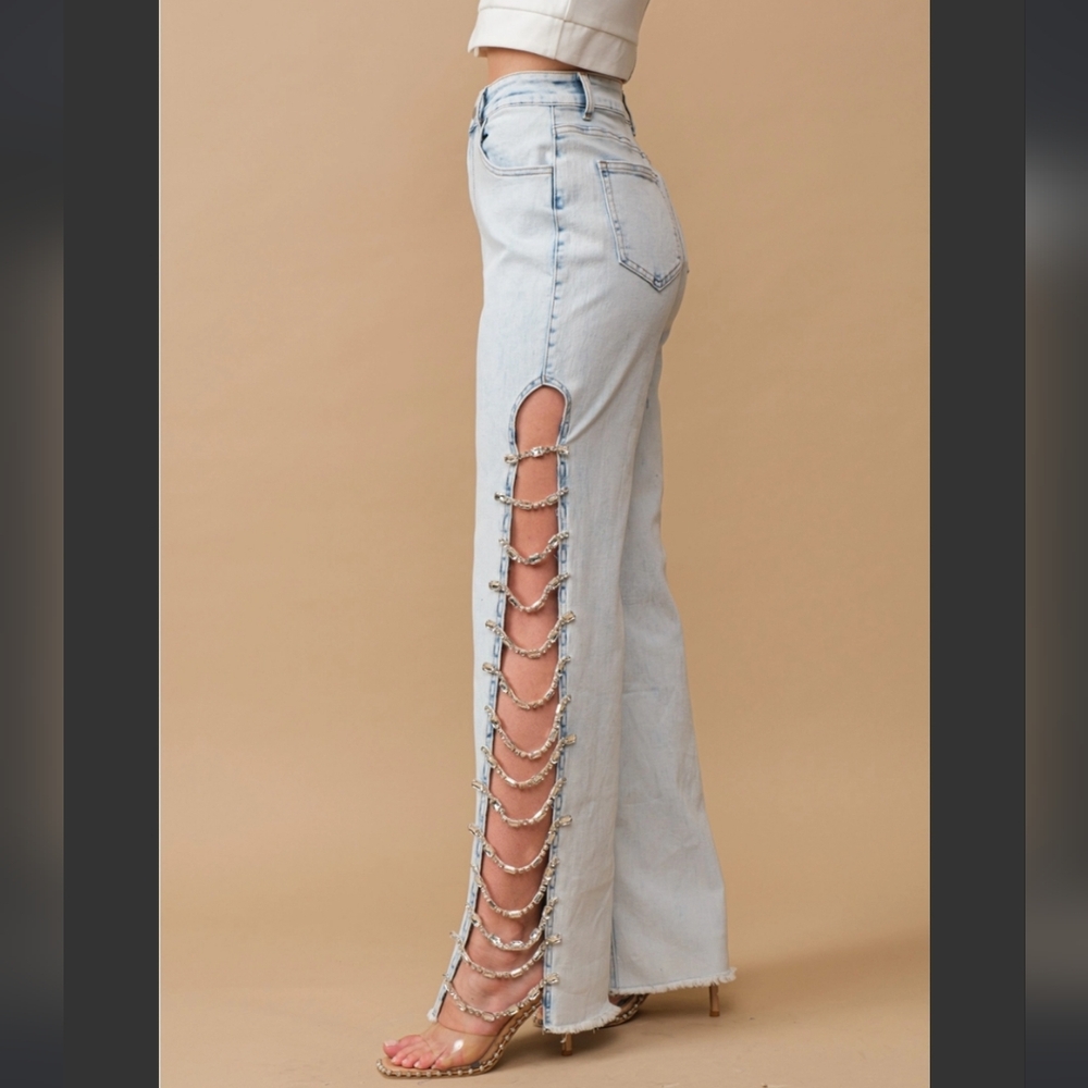 Blue Flare Wide Leg Jeans with Unique Cutout Design
